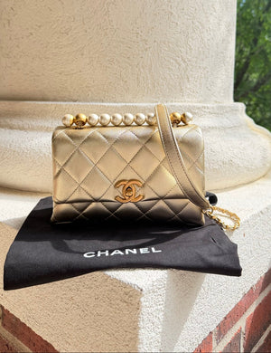 Chanel Gold Quilted Lambskin Leather Pearl Mini Flap Bag