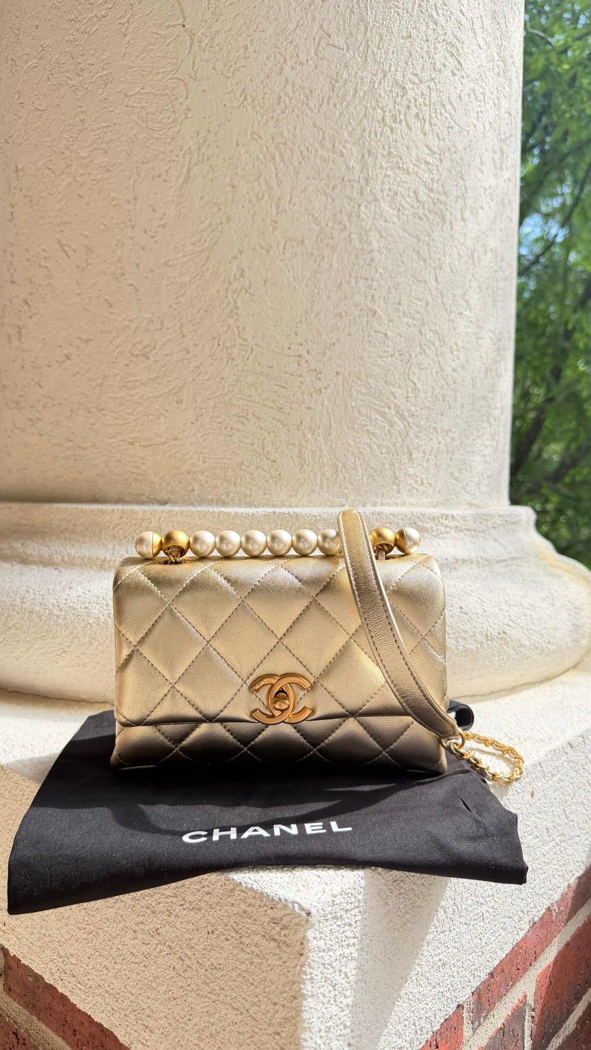 Chanel Gold Quilted Lambskin Leather Pearl Mini Flap Bag 