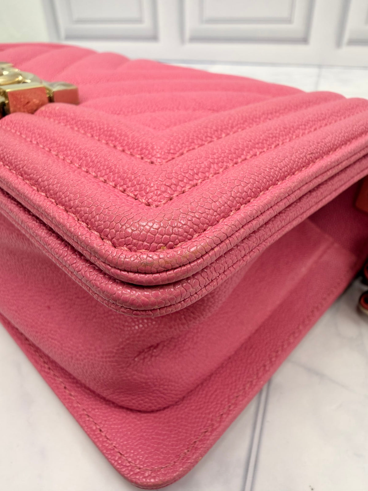 Chanel Pink Chevron Quilted Caviar Leather Boy Flap Bag