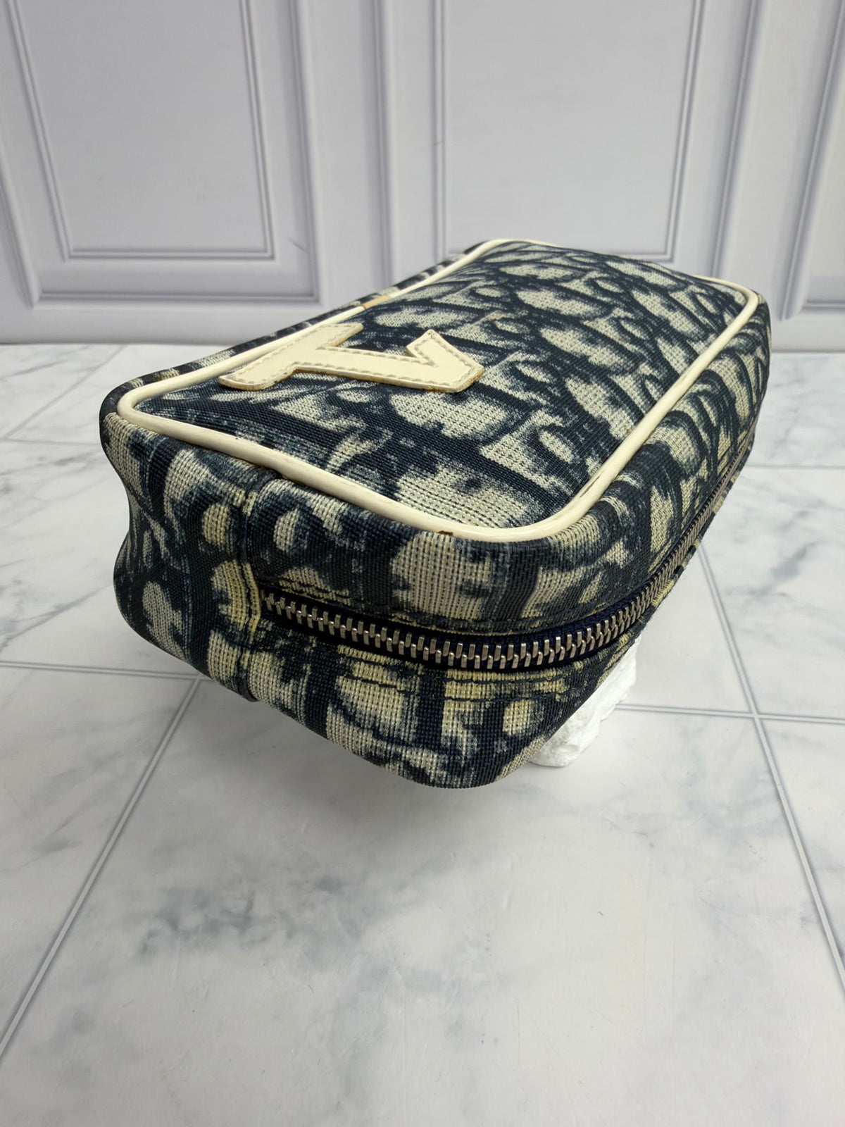 Christian Dior Navy Blue & Cream Trotter Monogram Coated Canvas Zippy Cosmetic Pouch