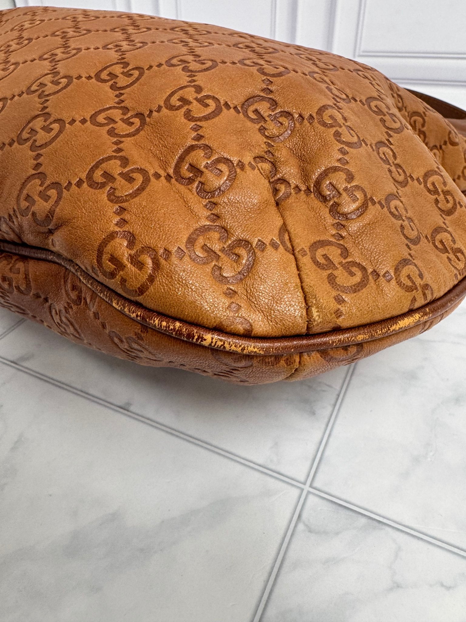 Gucci Brown Leather Embossed Guccissima Hysteria Crest Hobo Shoulder Bag