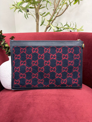 Gucci Navy & Red GG Wool & Leather Zipper Pouch
