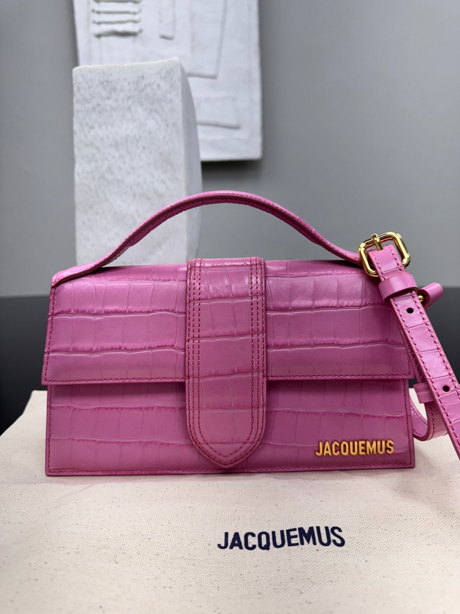 BRAND NEW - Jacquemus Pink Croc Embossed Leather Le Bambino Long 2Way Bag