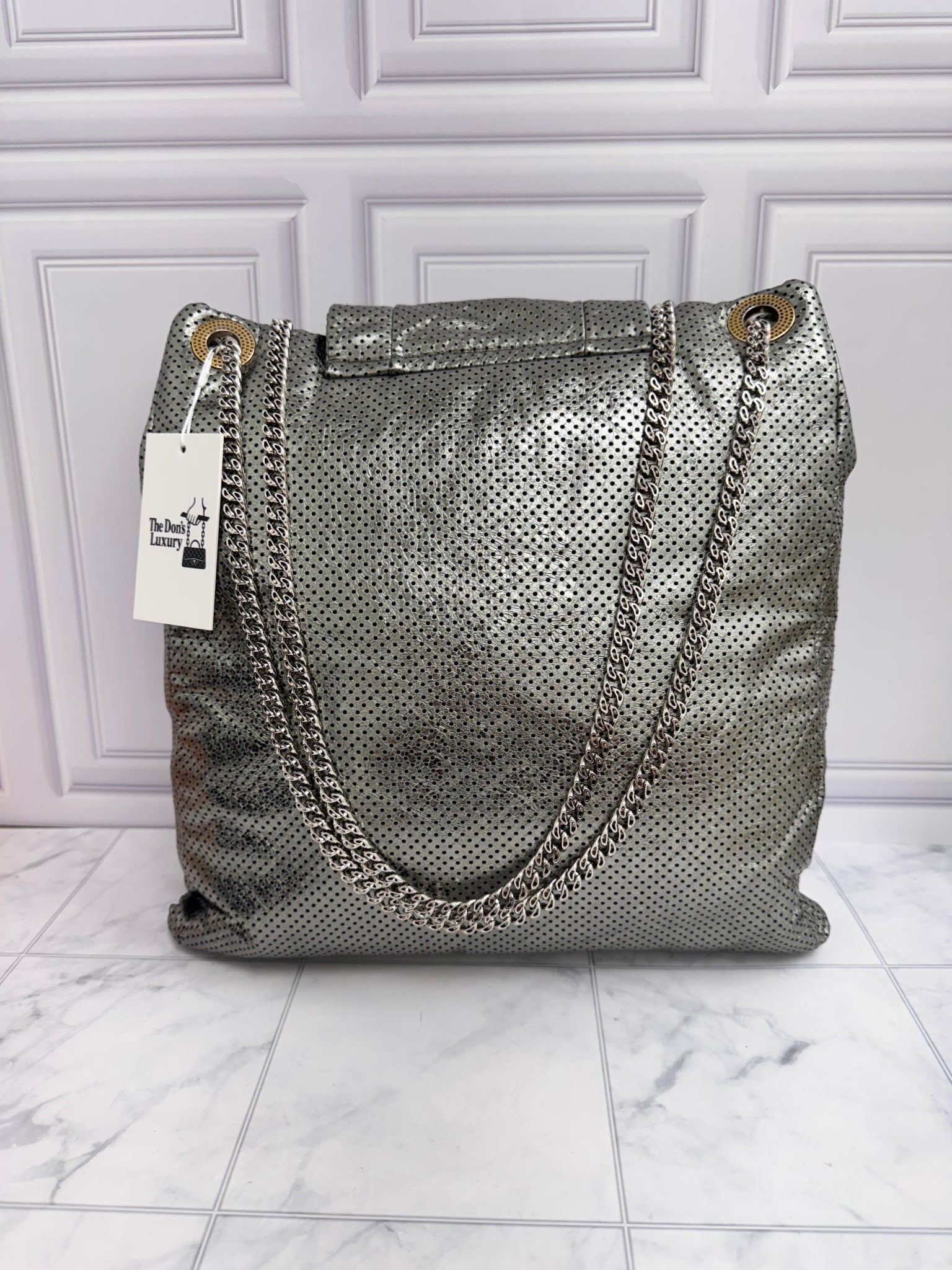 Chanel Metallic Silver Perforated Crackled Calfskin Large Drill Tote Bag