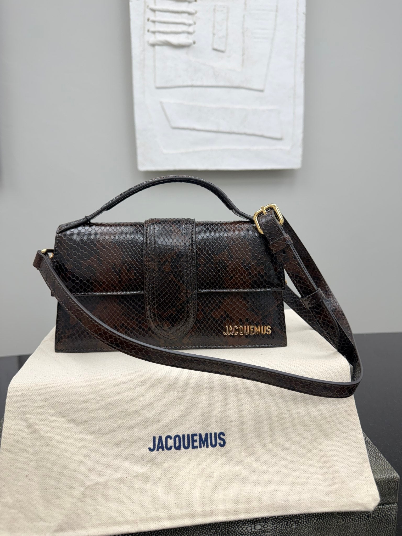 BRAND NEW - Jacquemus Brown Snakeskin Embossed Le Grand Bambino Handbag 2Way Handbag