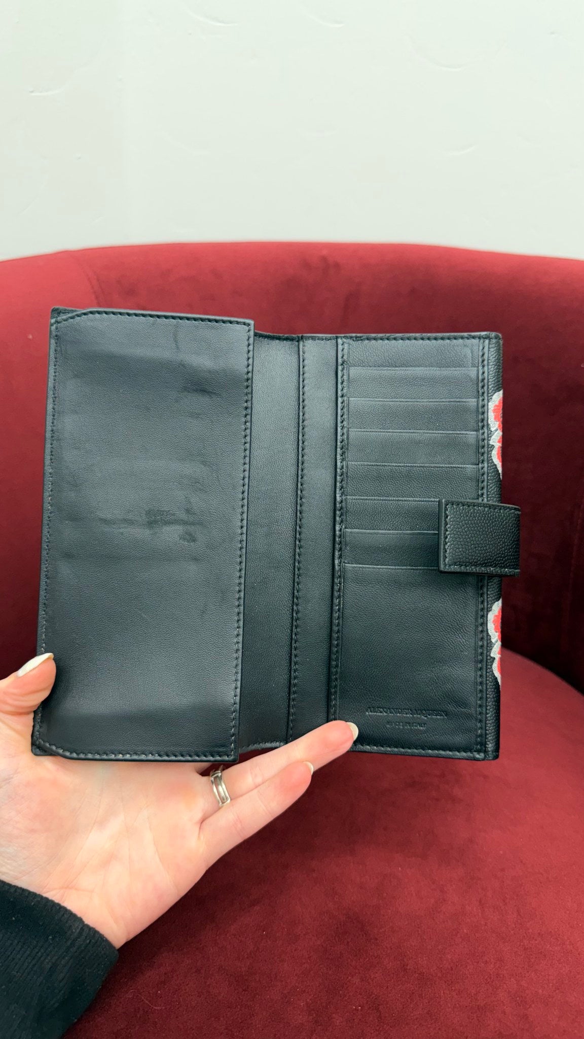 Alexander McQueen Black Pebbled Leather Rose Printed Long Wallet