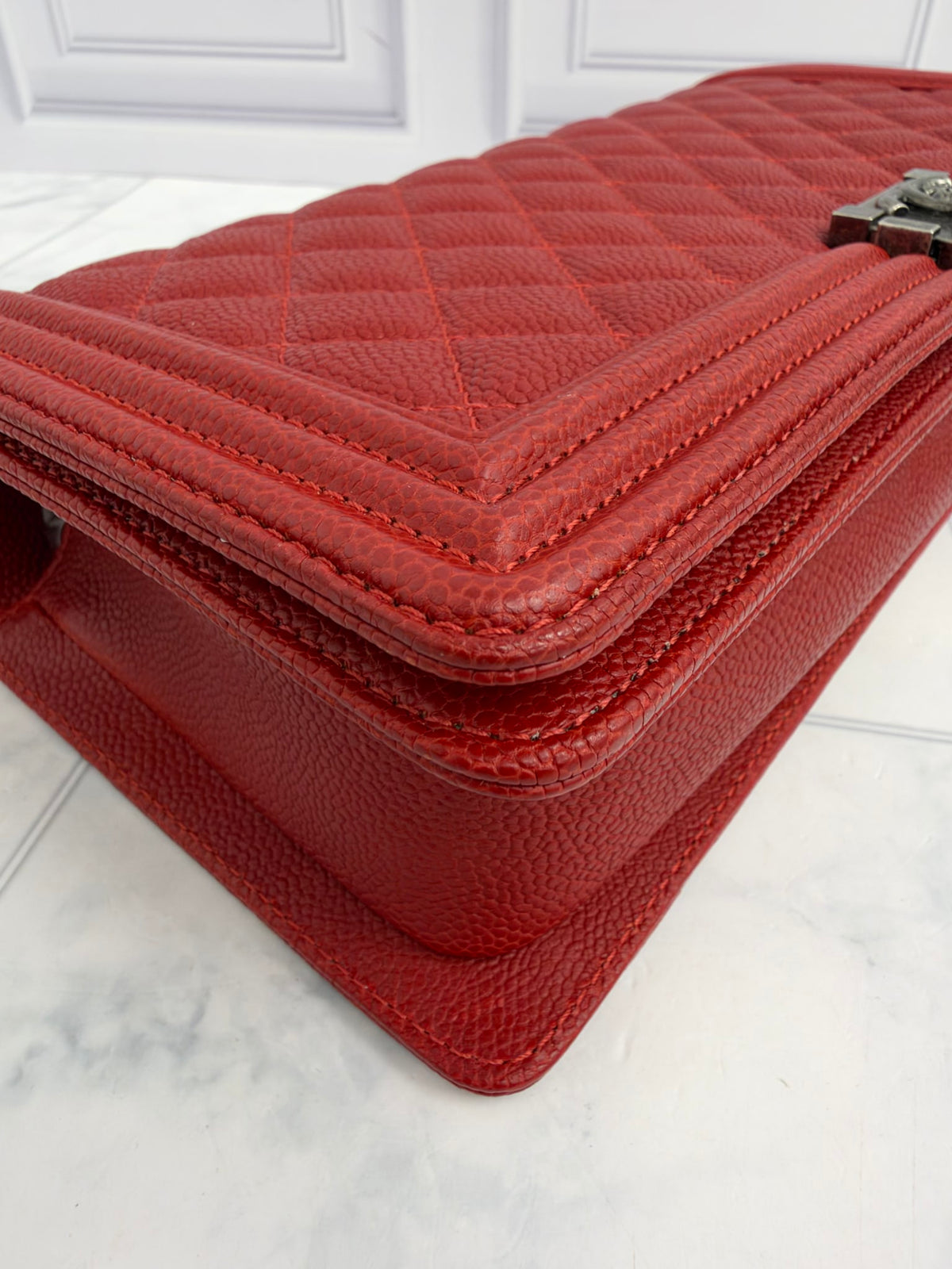 Chanel Red Quilted Caviar Leather Boy Flap Clutch Bag