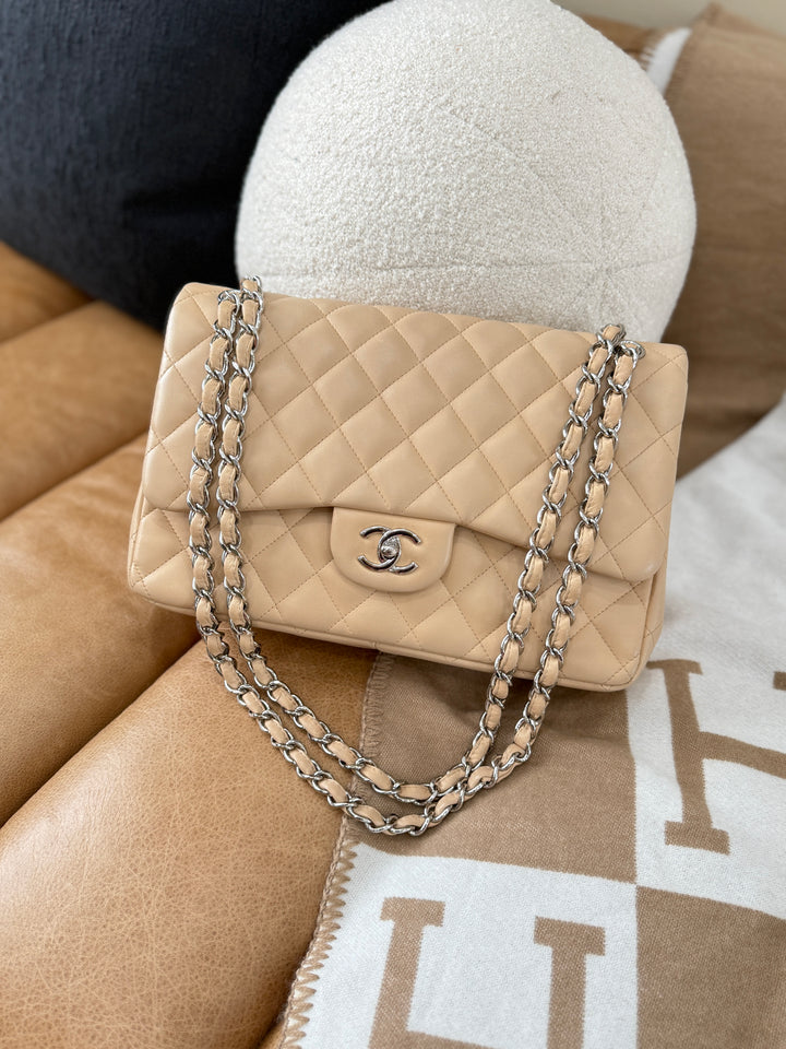 Chanel Beige Quilted Lambskin Jumbo Double Flap Bag