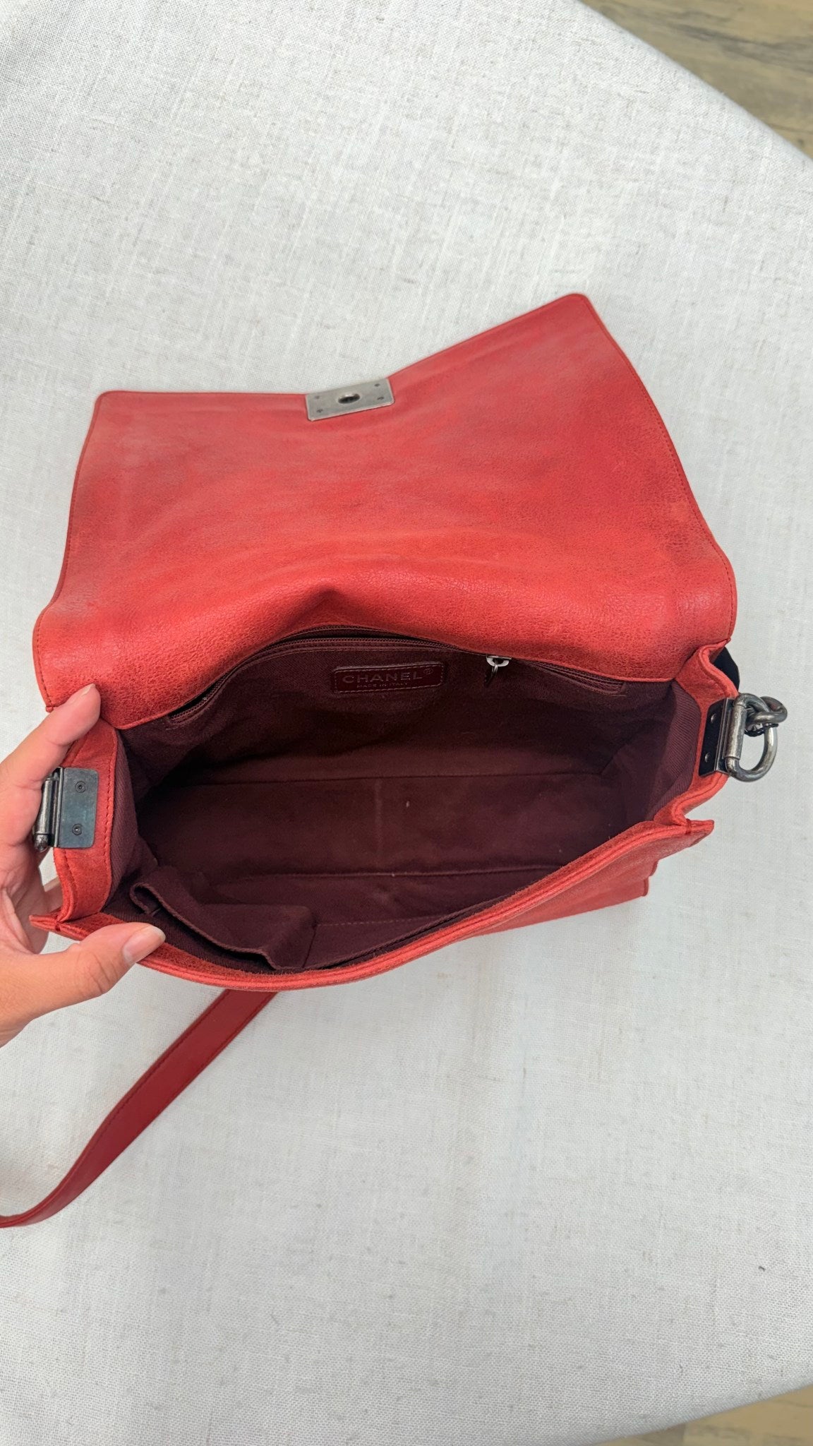 Chanel Red Quilted Suede Leather Medium Boy Flap Bag 