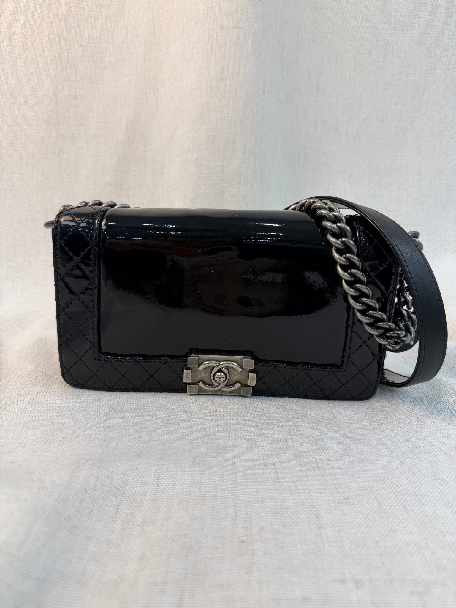 Chanel Black Patent Leather Medium Boy Bag