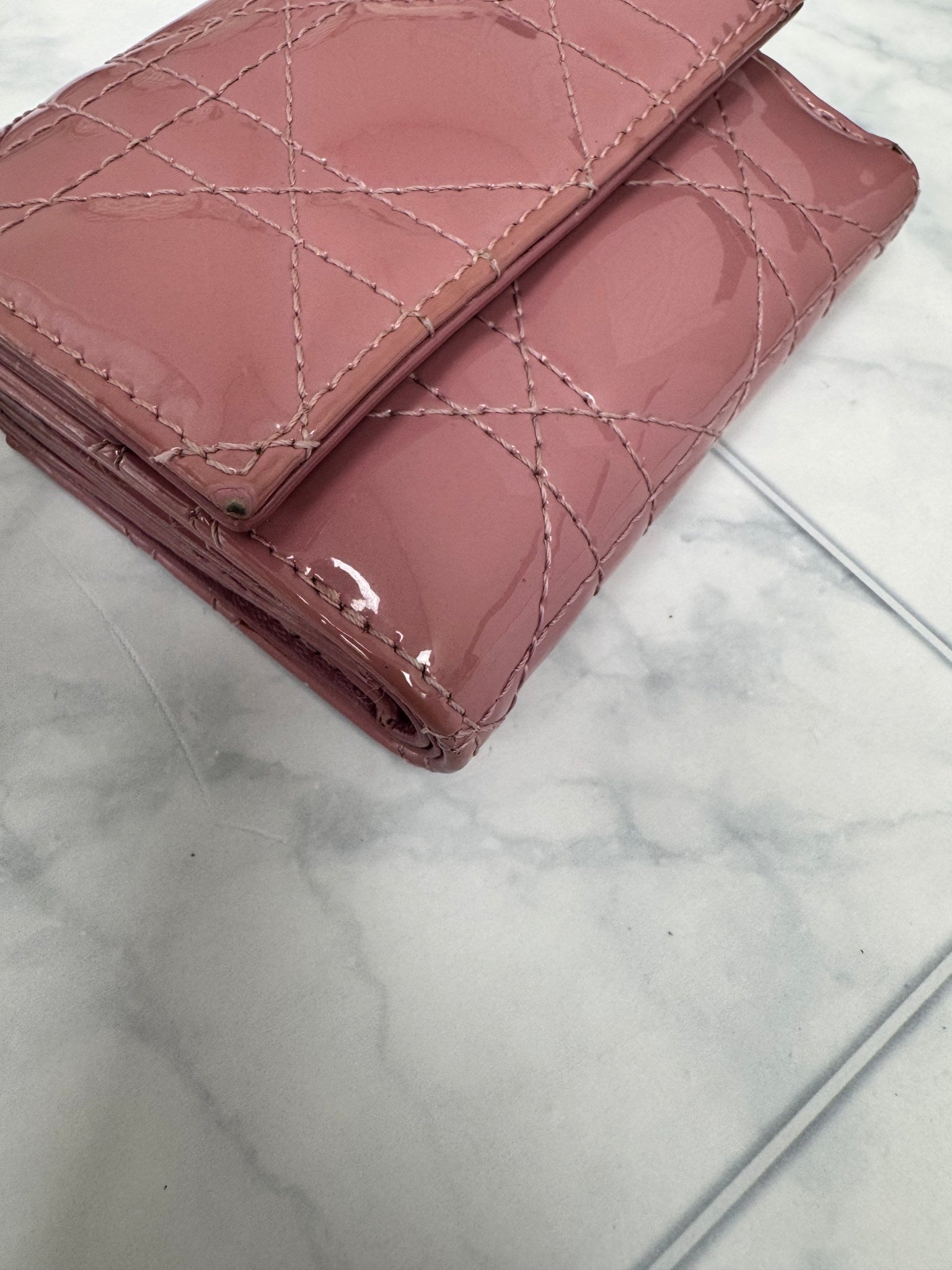 Christian Dior Pink Quilted Patent Leather Lotus Compact Wallet