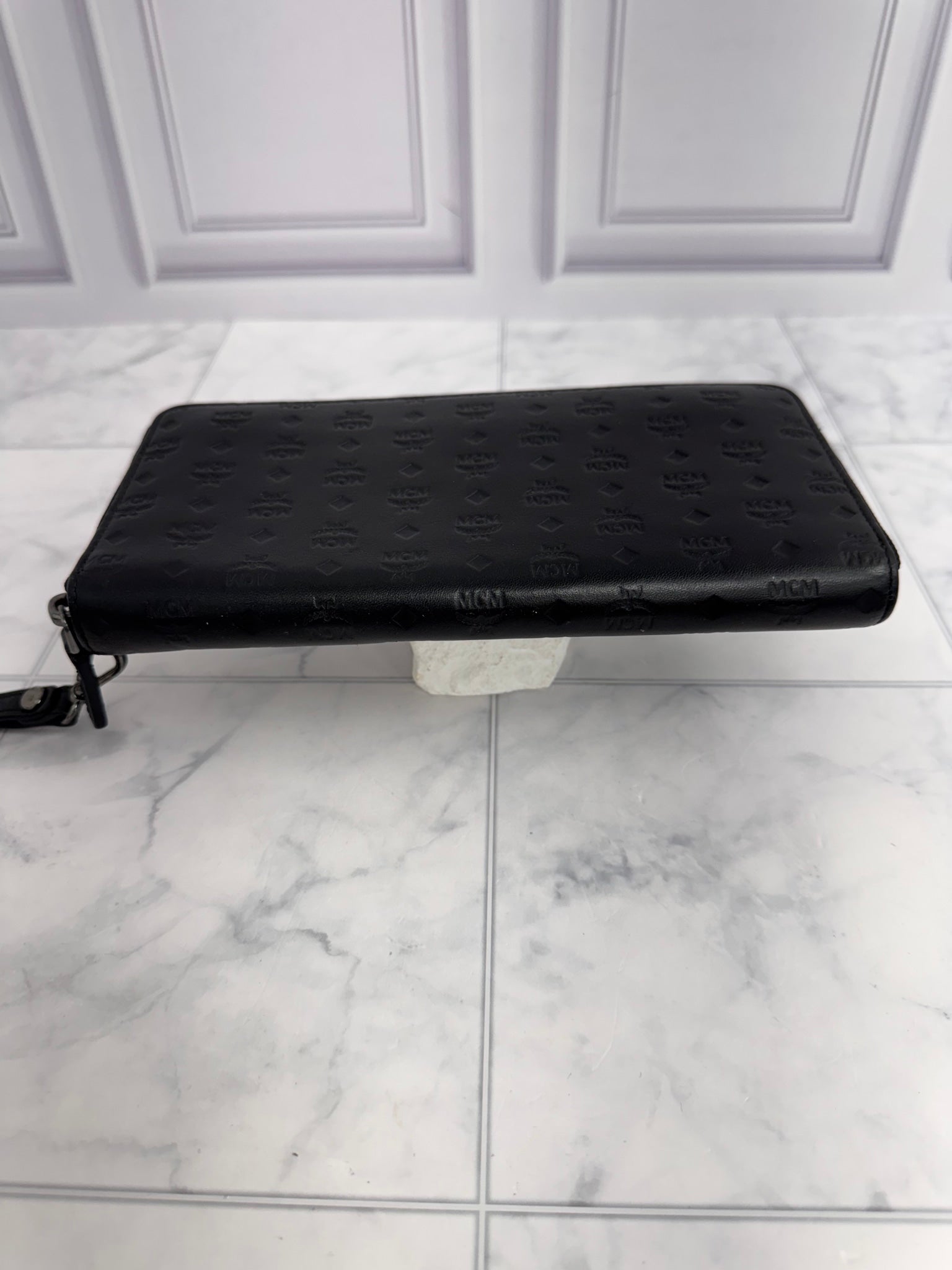 MCM Black Visetos Embossed Leather Zippy Wallet