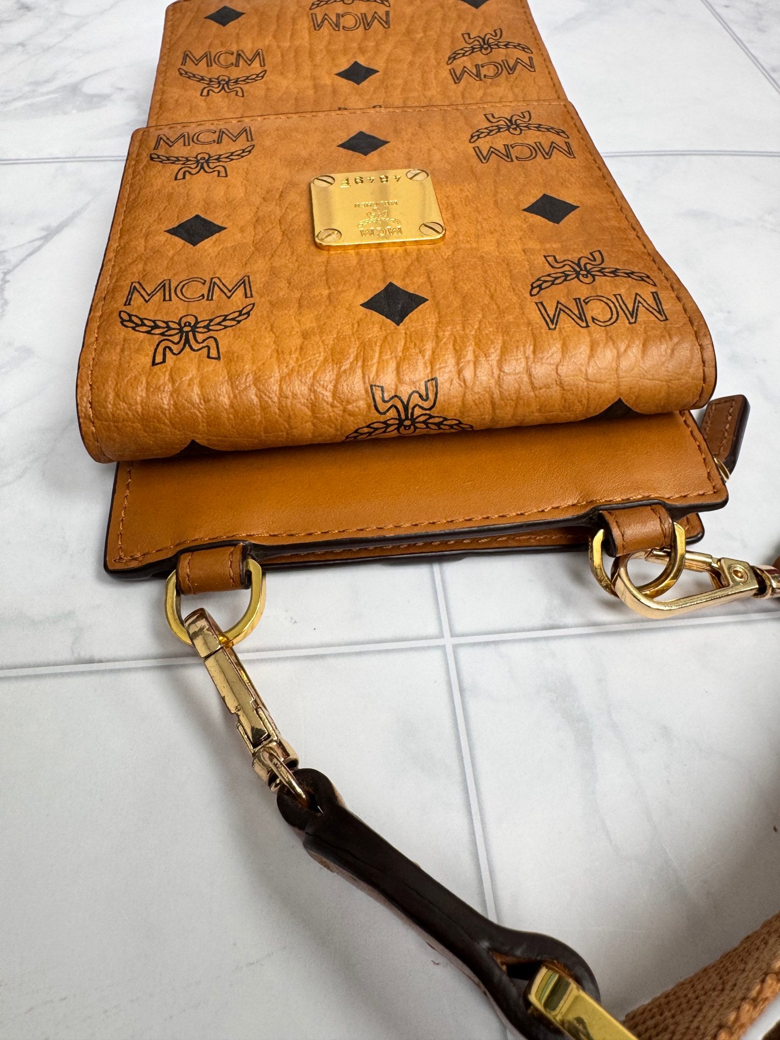MCM Visetos Brown Leather Phone Case Crossbody