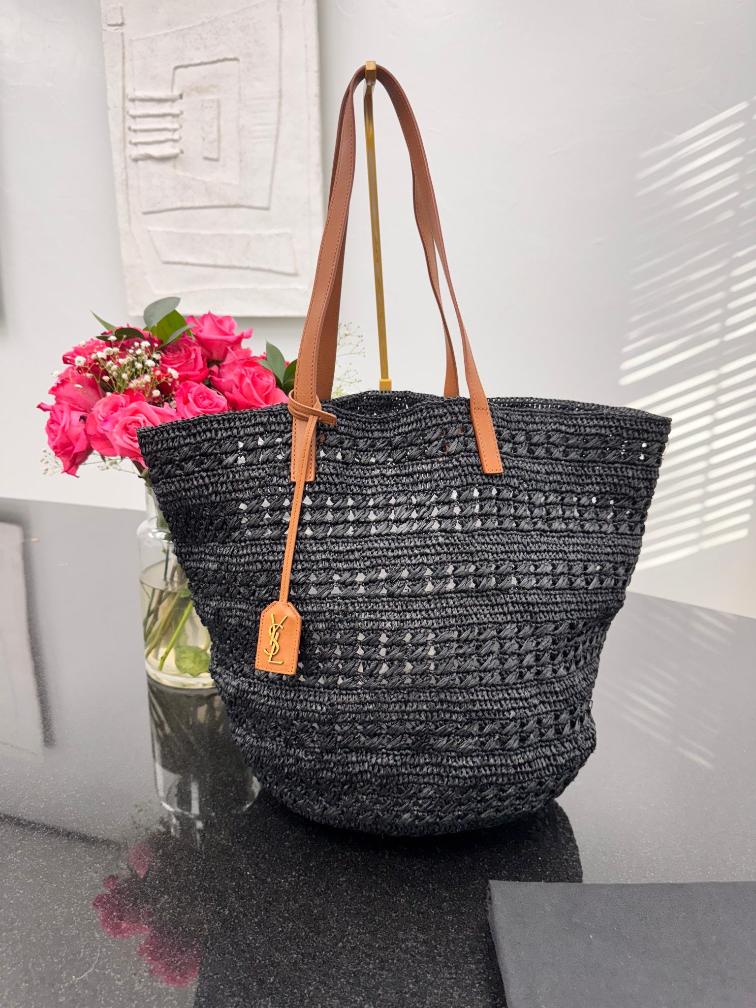 Saint Laurent YSL Black Raffia Panier Medium Tote Bag