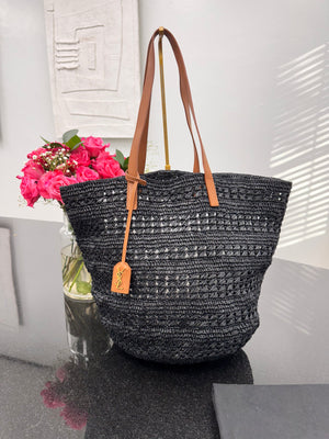 Saint Laurent YSL Black Raffia Panier Medium Tote Bag