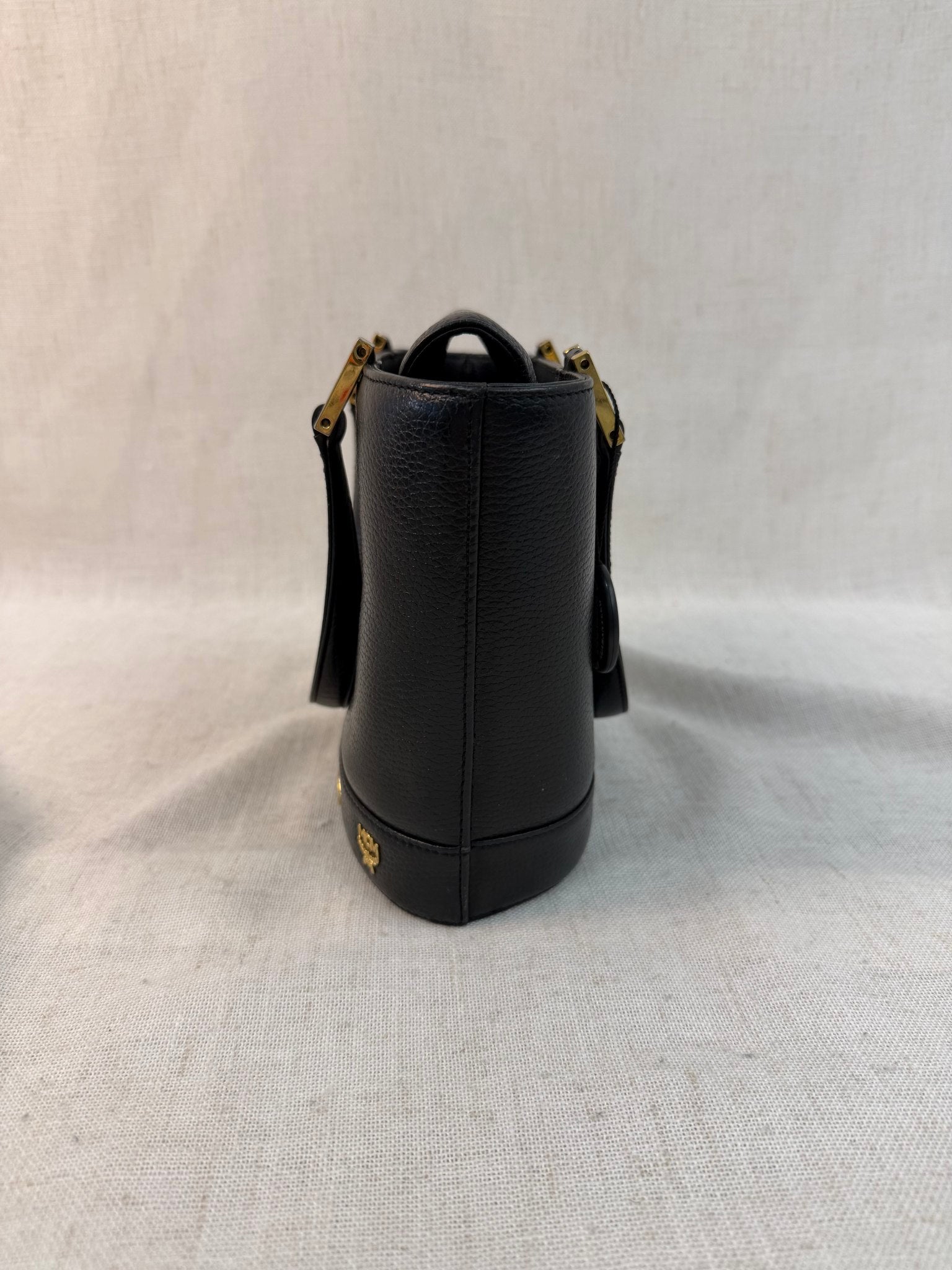 MCM Black Leather Stud Bucket Tote Bag