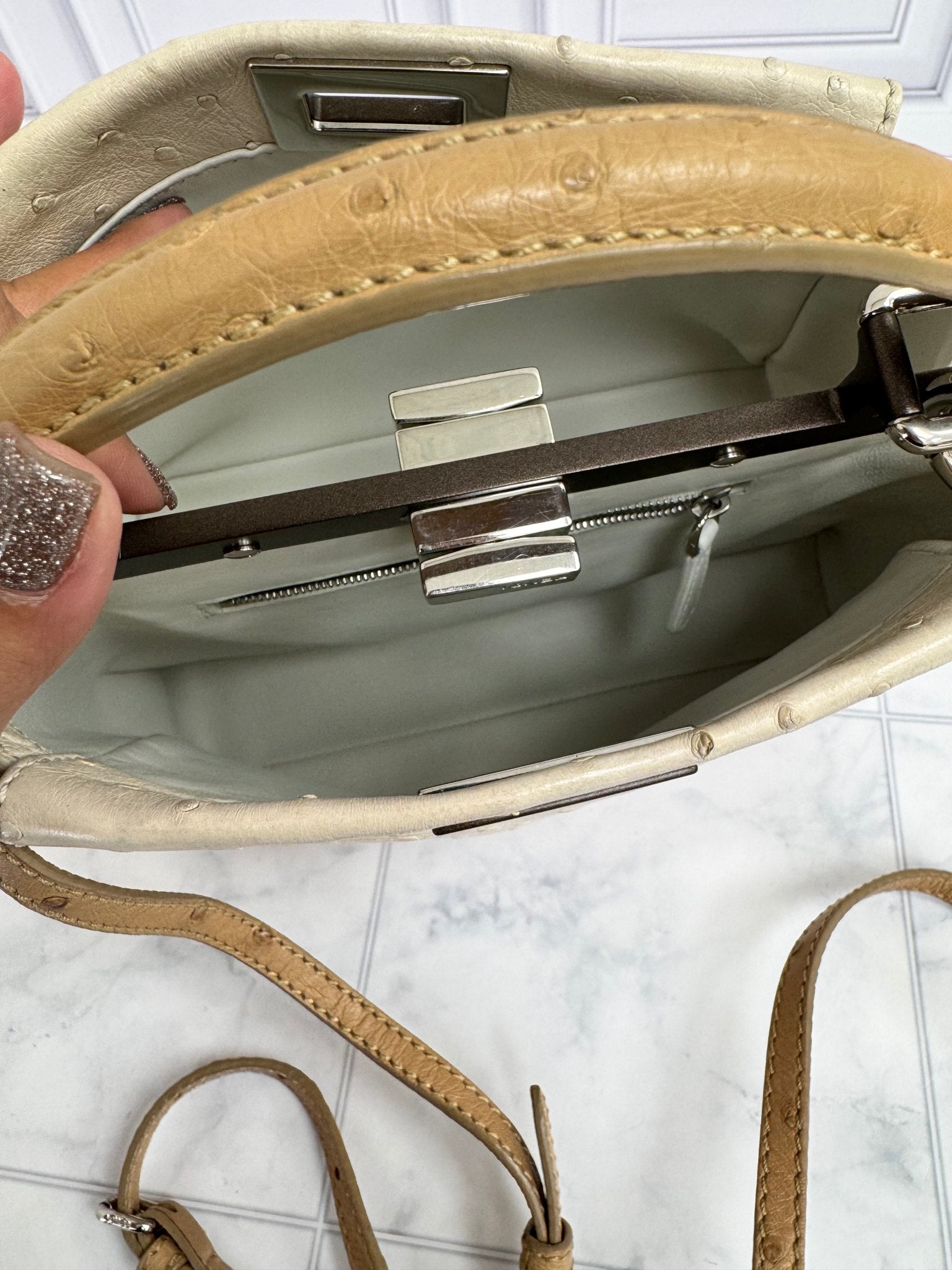 Fendi Beige Ostrich Peekaboo Iconic Mini 2 Way Bag