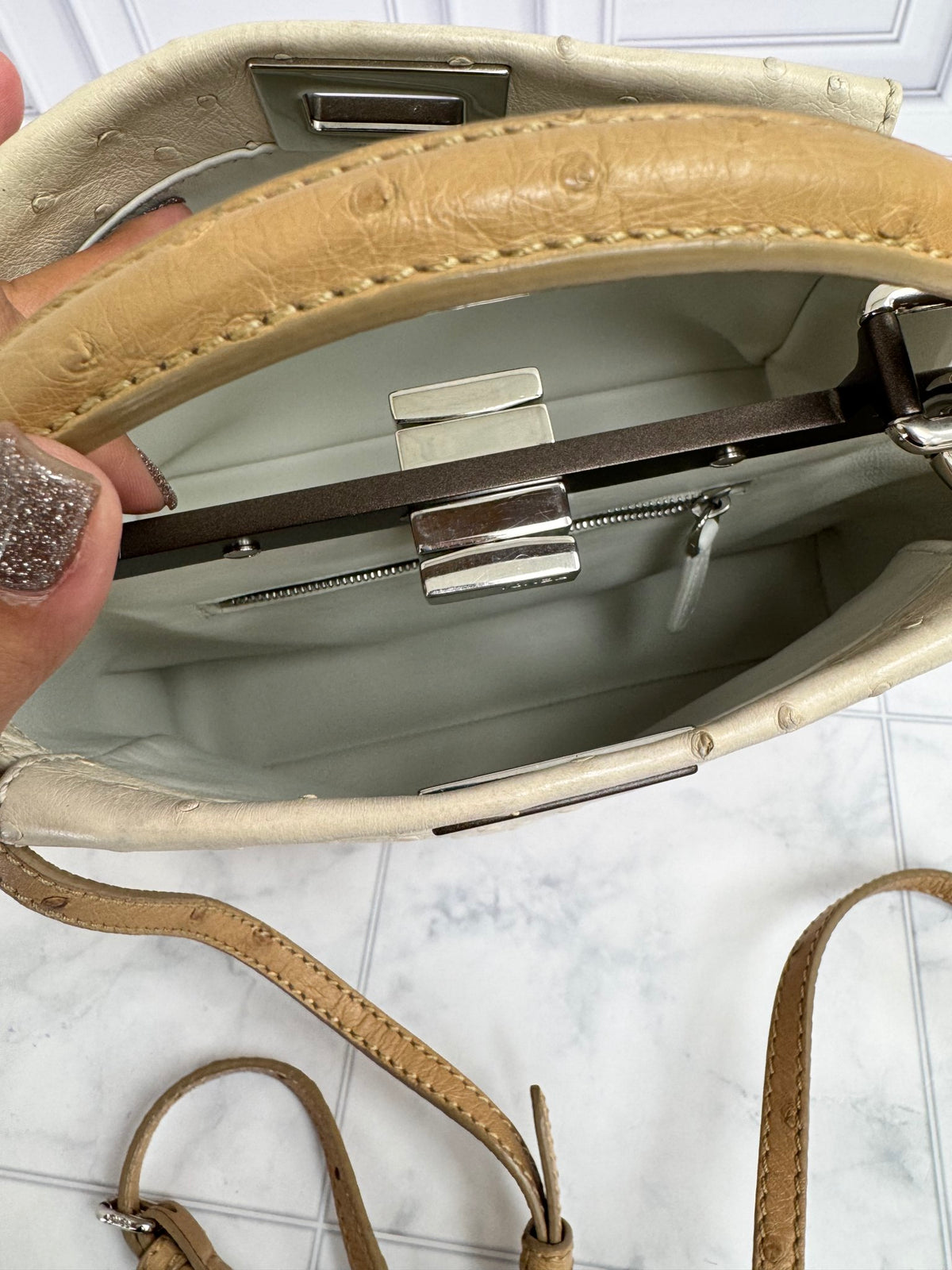 Fendi Beige Ostrich Peekaboo Iconic Mini 2Way Bag