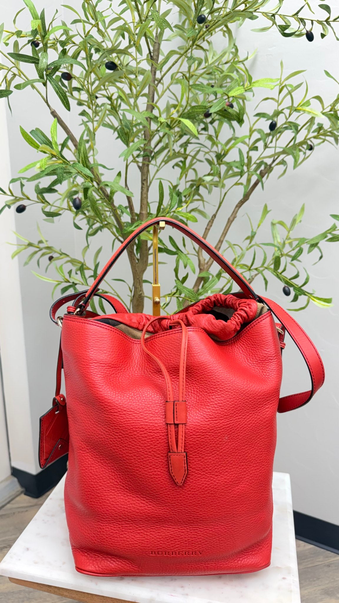 Burberry Red Grained Leather Bucket Bag