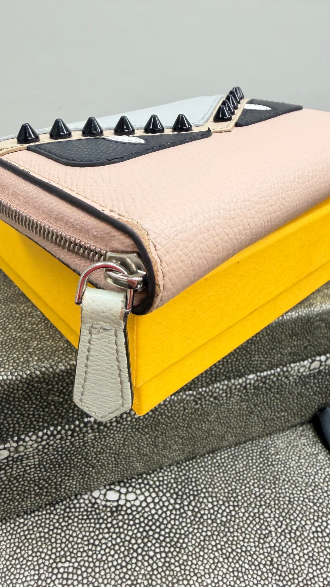 Fendi Coral & Grey Leather Studded Monster Compact Zippy Wallet 