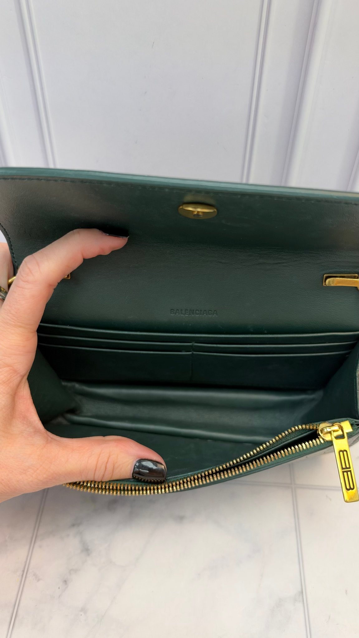 LIKE NEW -Balenciaga Green Croc Embossed Leather Small Signature Gossip Crossbody