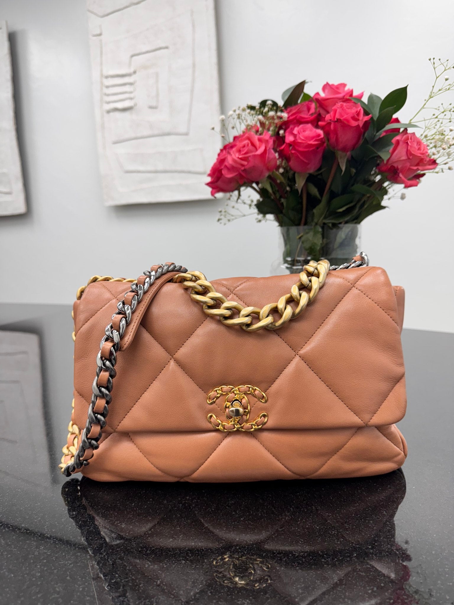 Chanel Camel Quilted Lambskin Chanel 19 Medium Flap Bag