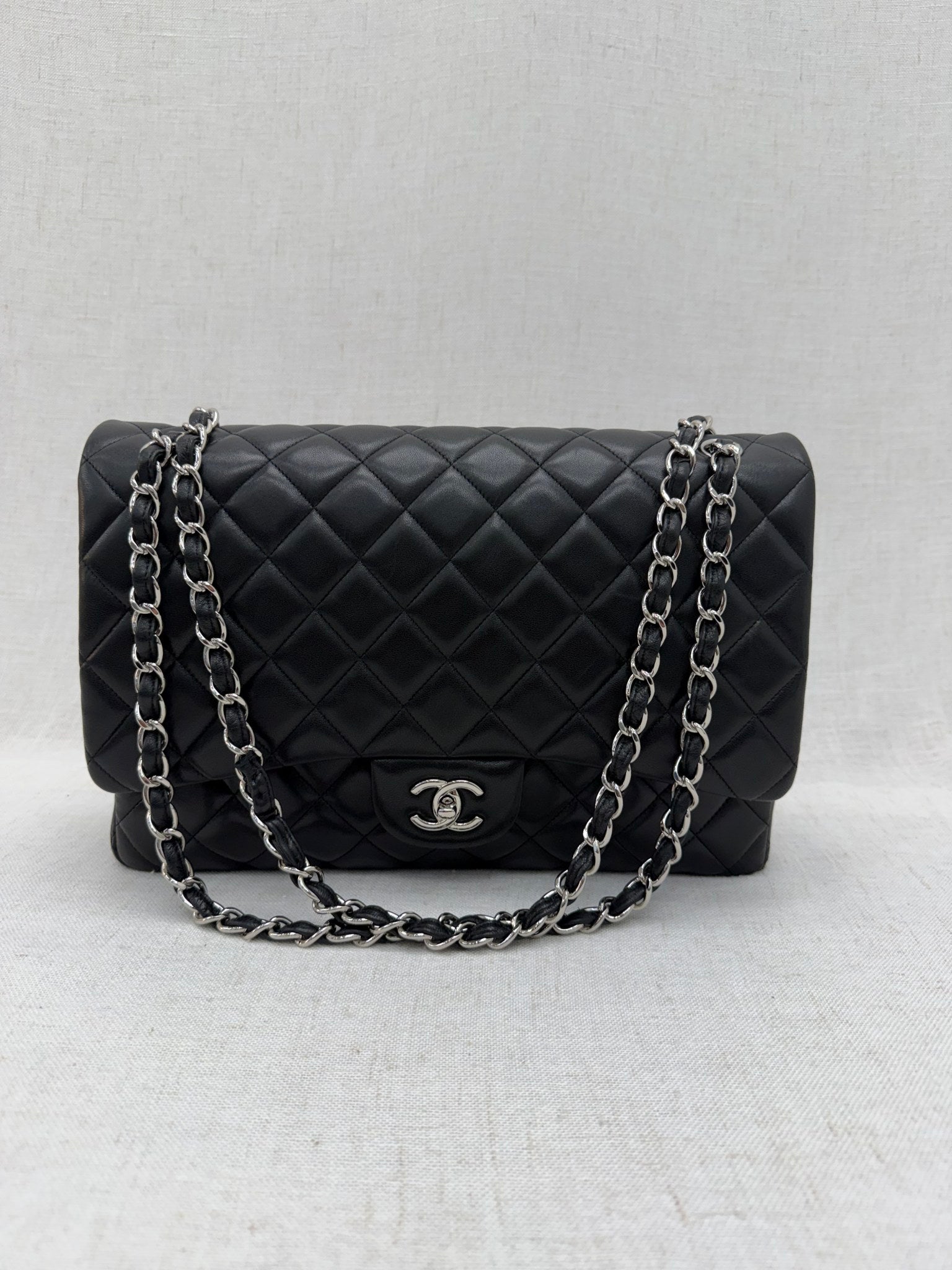 Chane Black Quilted Lambskin Jumbo Flap Bag