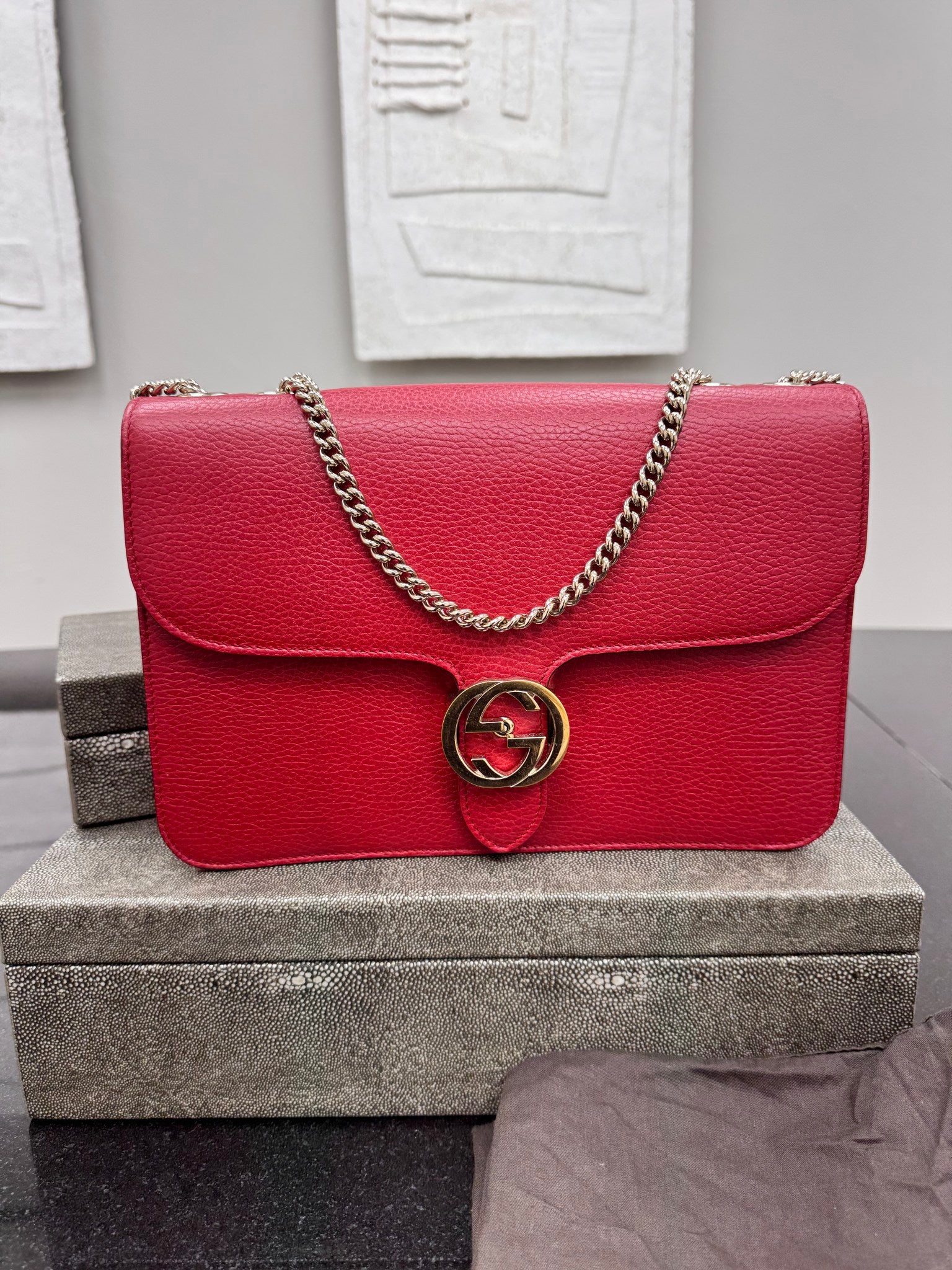 LIKE NEW - Gucci Red Grained Leather Interlocking G Medium Chain Shoulder Bag