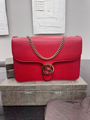 LIKE NEW - Gucci Red Grained Leather Interlocking G Medium Chain Shoulder Bag