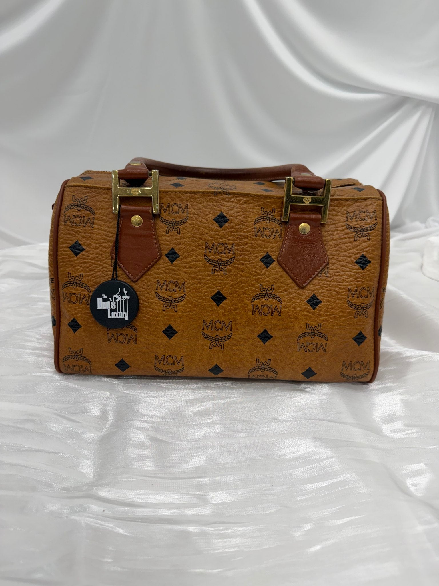 MCM Cognac Visetos Coated Canvas Small Heritage Boston Bag