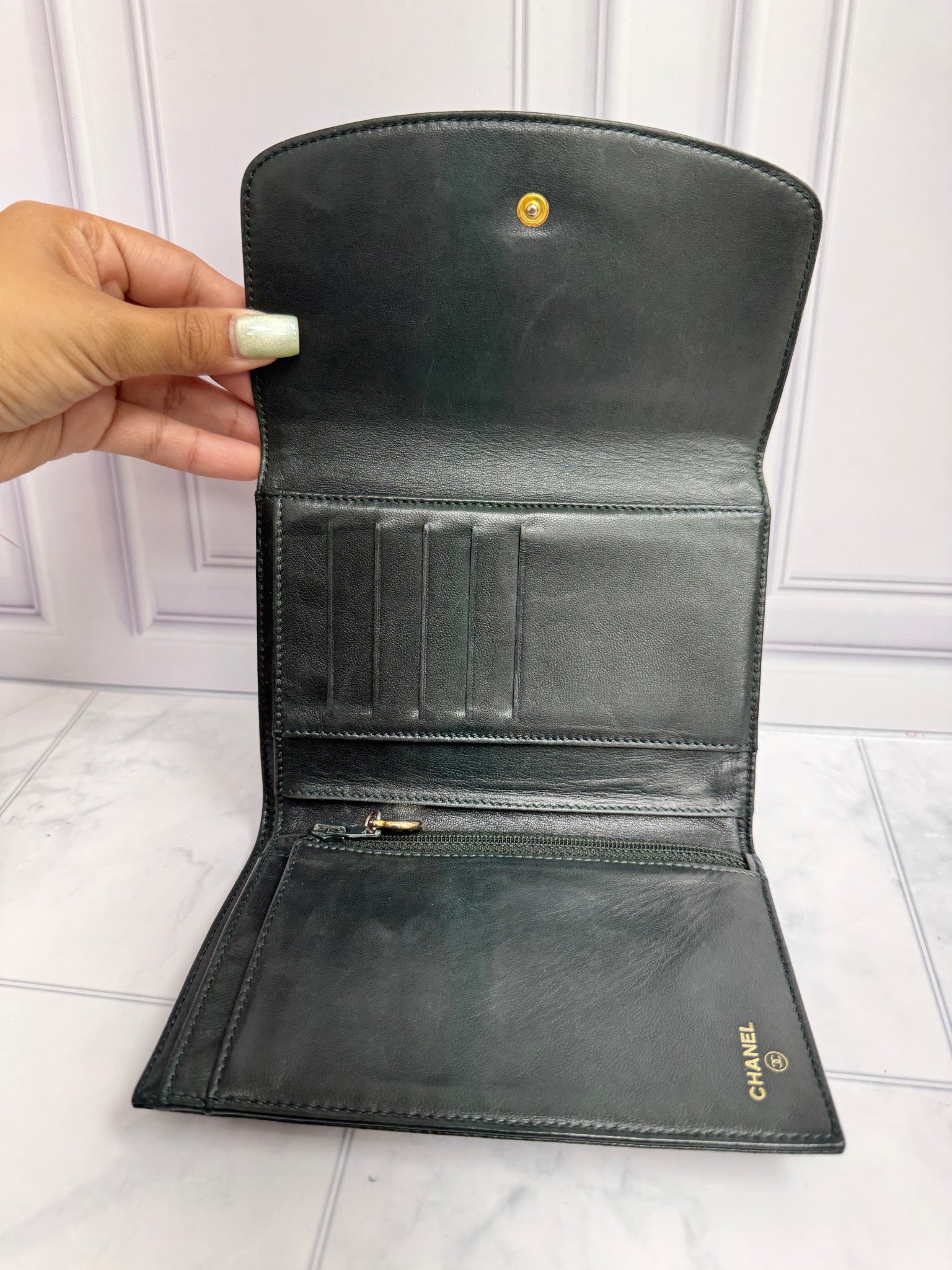 Chanel Dark Green Caviar Leather Compact Wallet