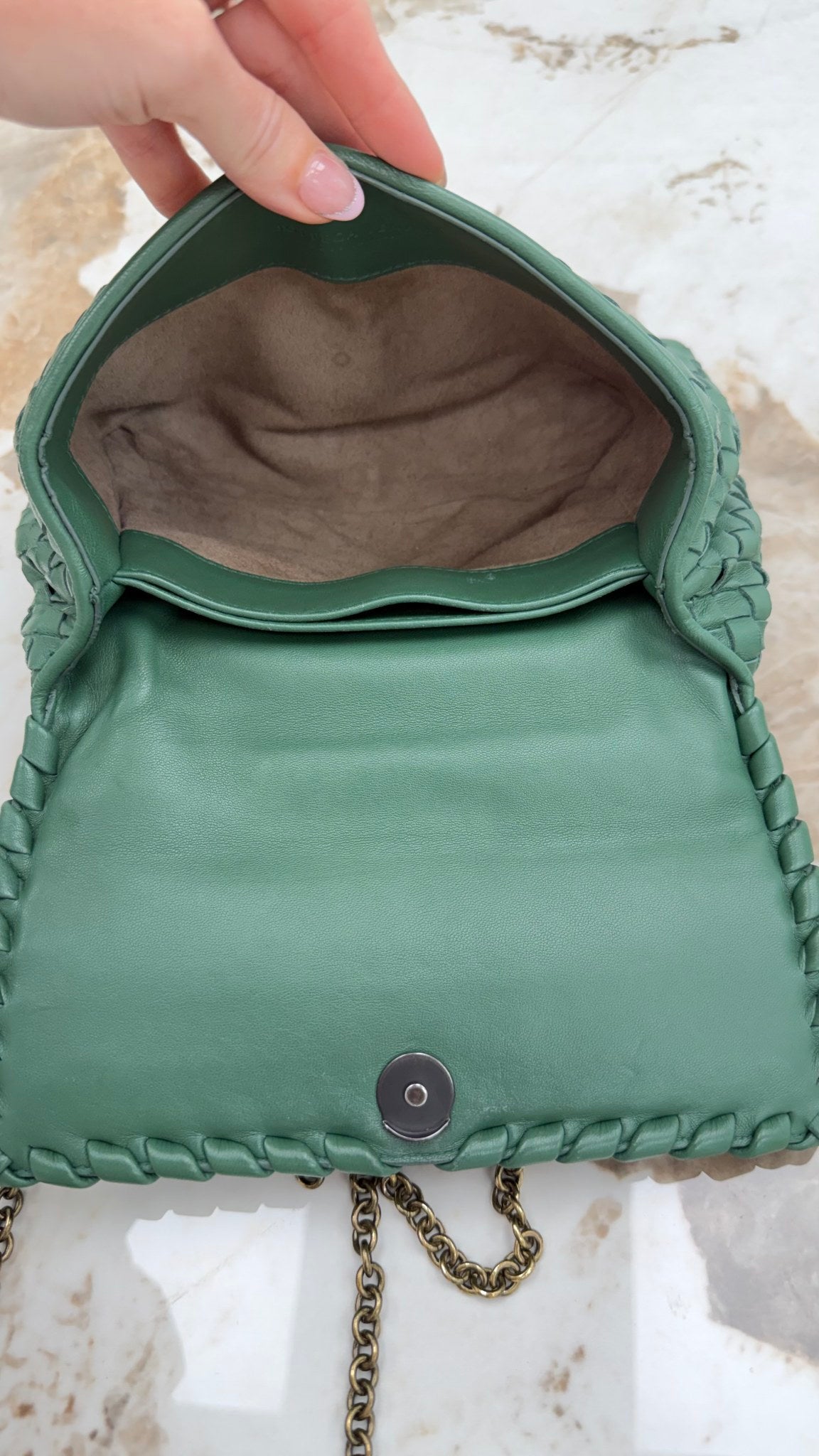 Bottega Veneta Sage Green Intrecciato Leather Olimpia Chain Bag