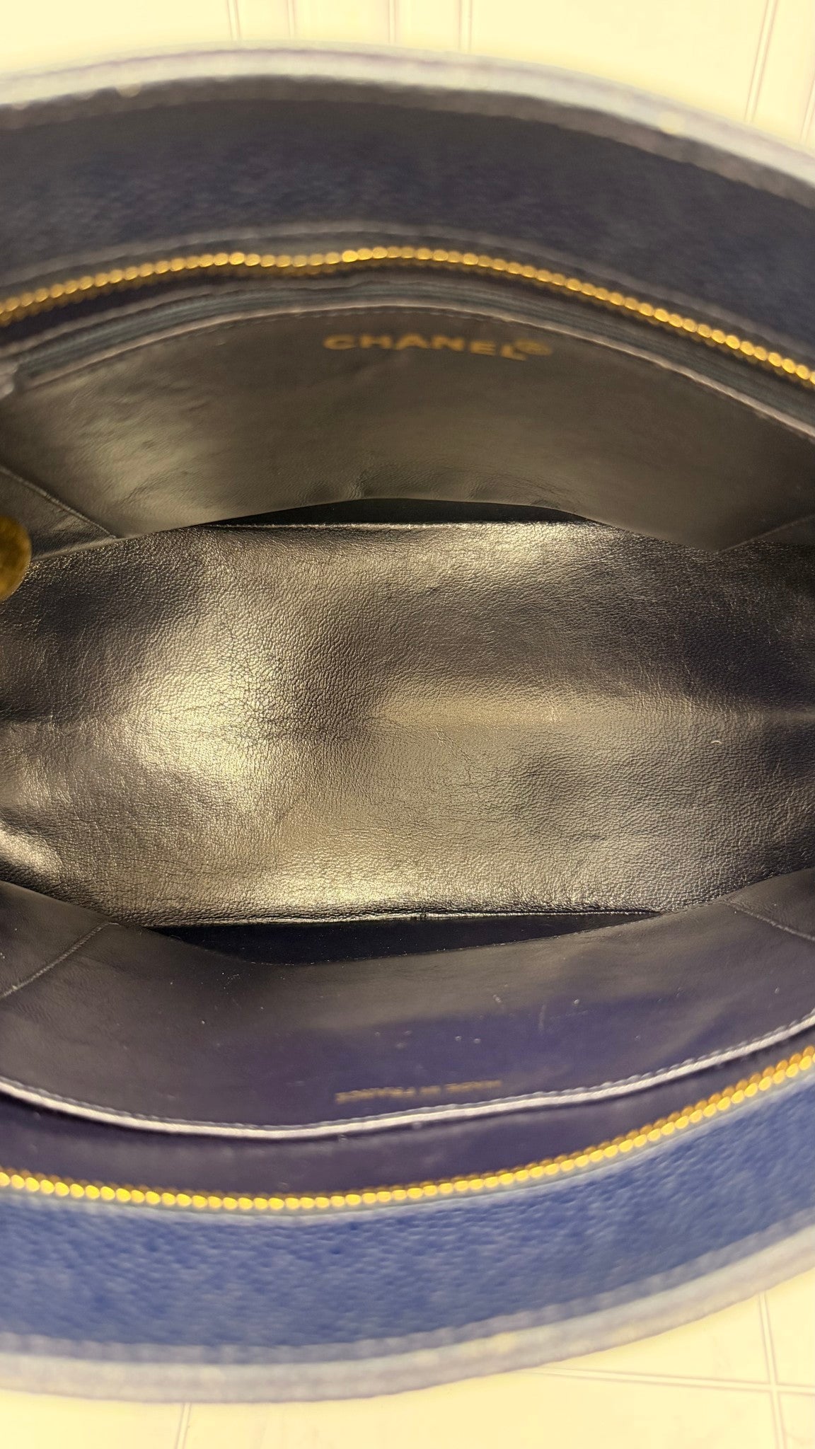 Chanel Navy Quilted Caviar Leather Medallion Tote Bag