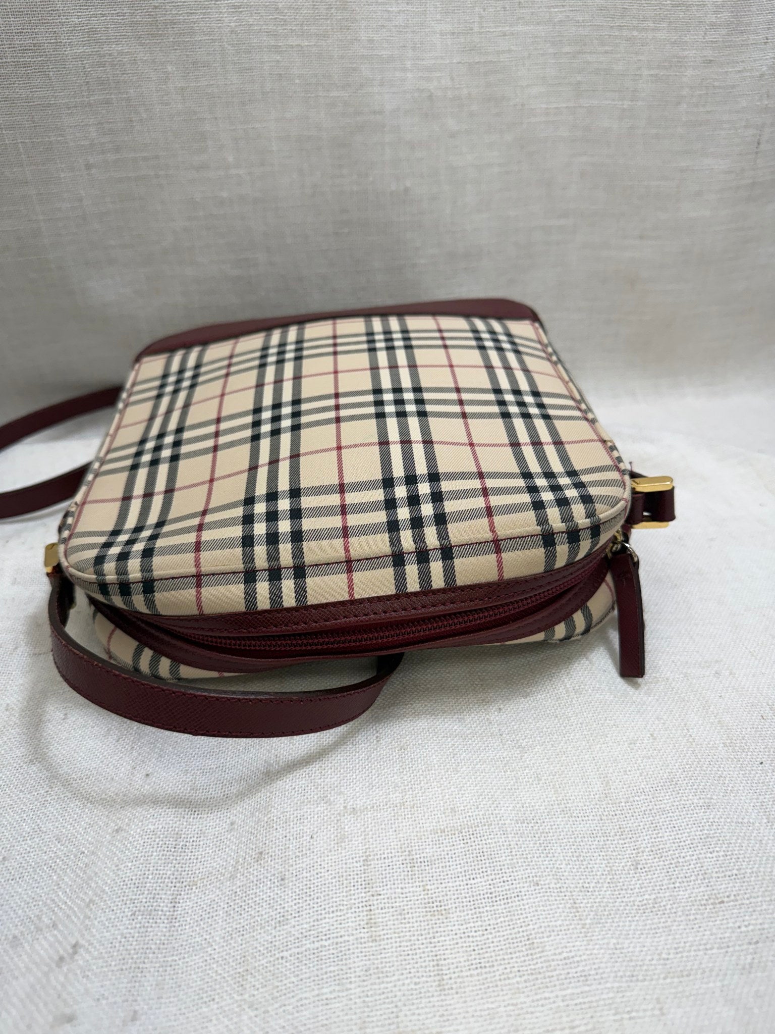 Burberry Burgundy Canvas Nova Check Crossbody Bag