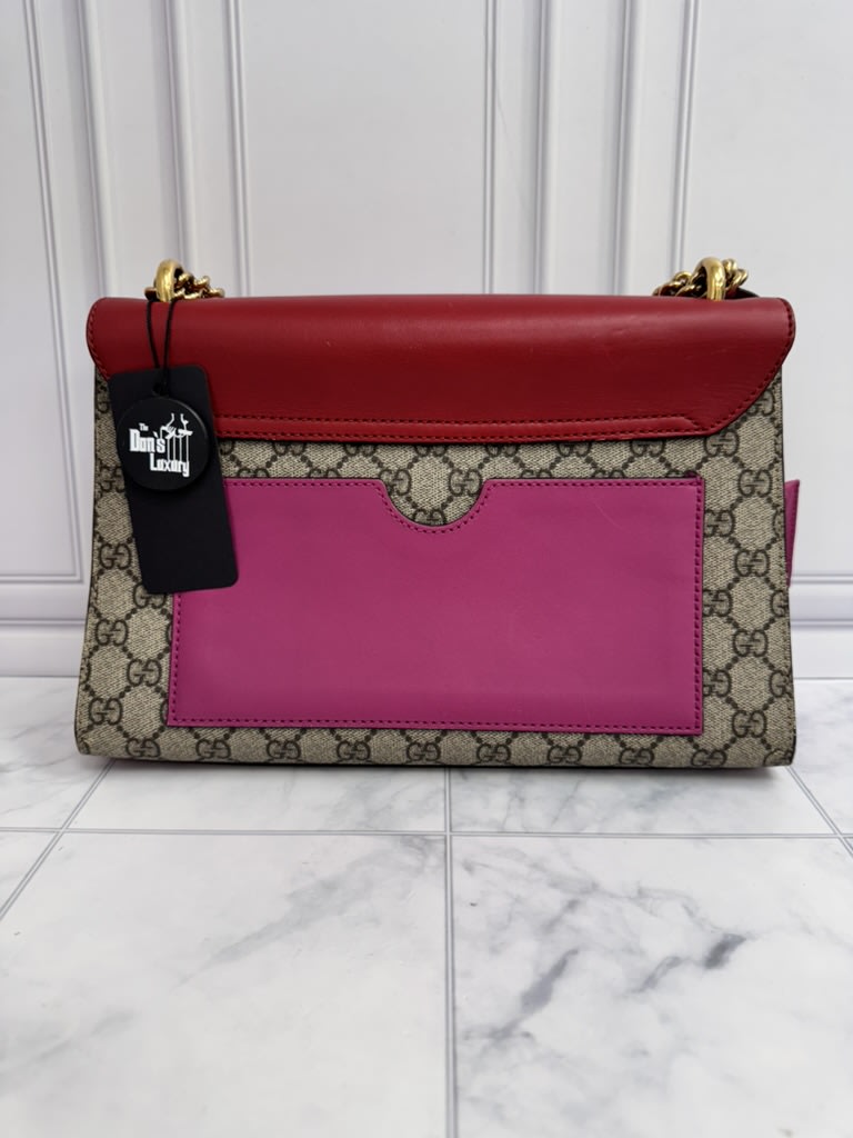 Gucci GG Supreme And Red Leather Padlock Chain Shoulder Bag