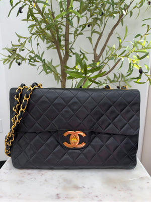 Chanel Black Lambskin And 24K Gold Plated Jumbo XL Maxi Flap Handbag