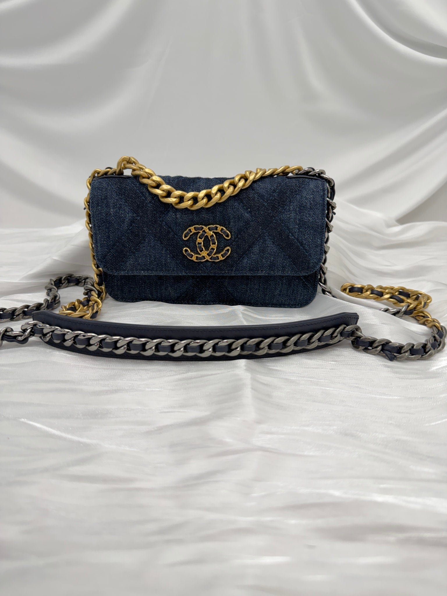 Chanel Denim Quilted Chanel 19 Flap Phone Holder WOC