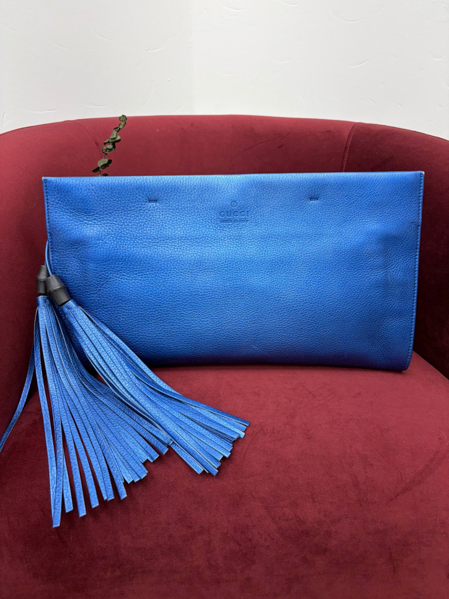 Gucci Metallic Blue Leather Bamboo Tassel Clutch