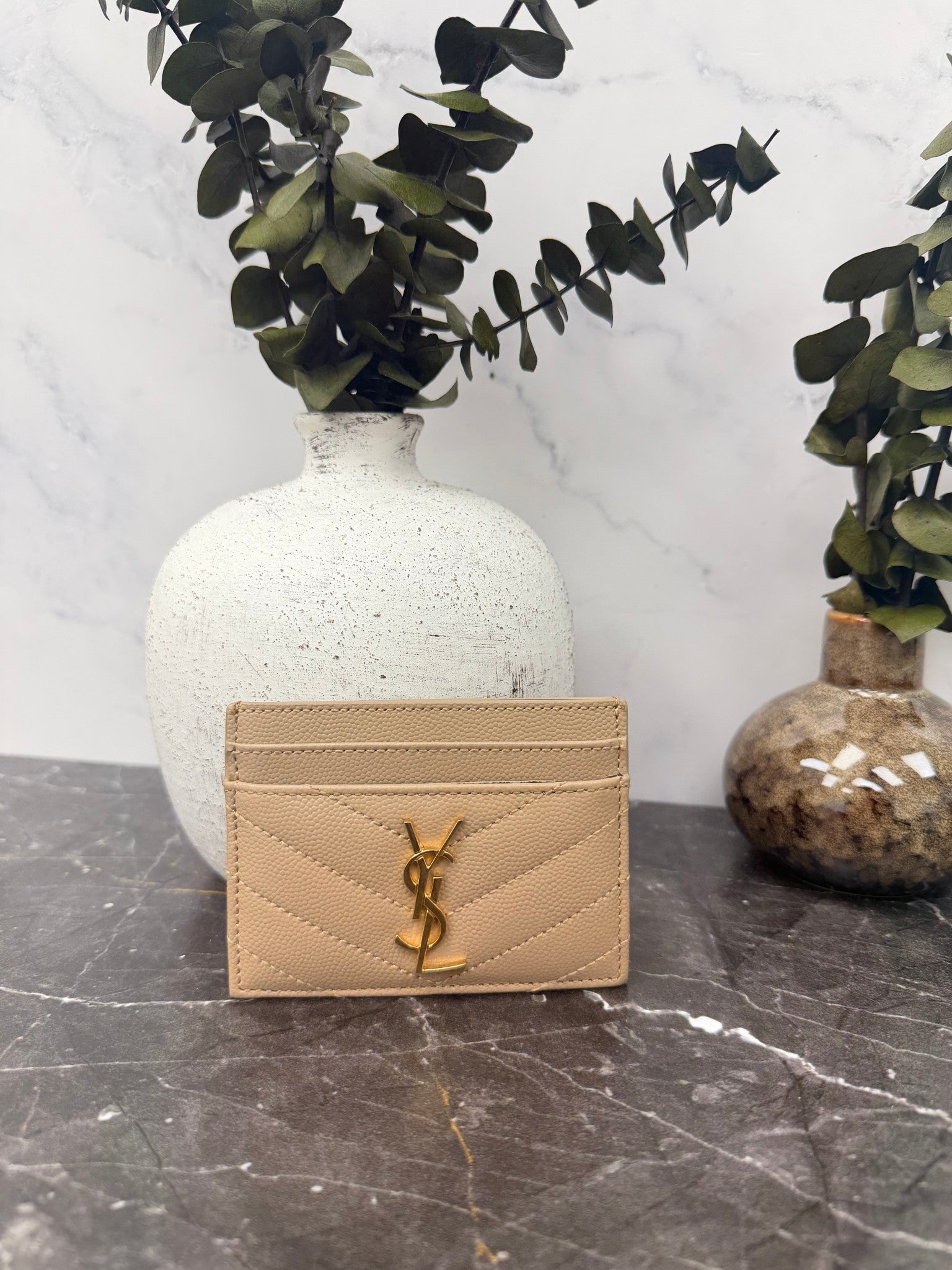 Saint Laurent YSL Tan Grained Leather Card Holder 