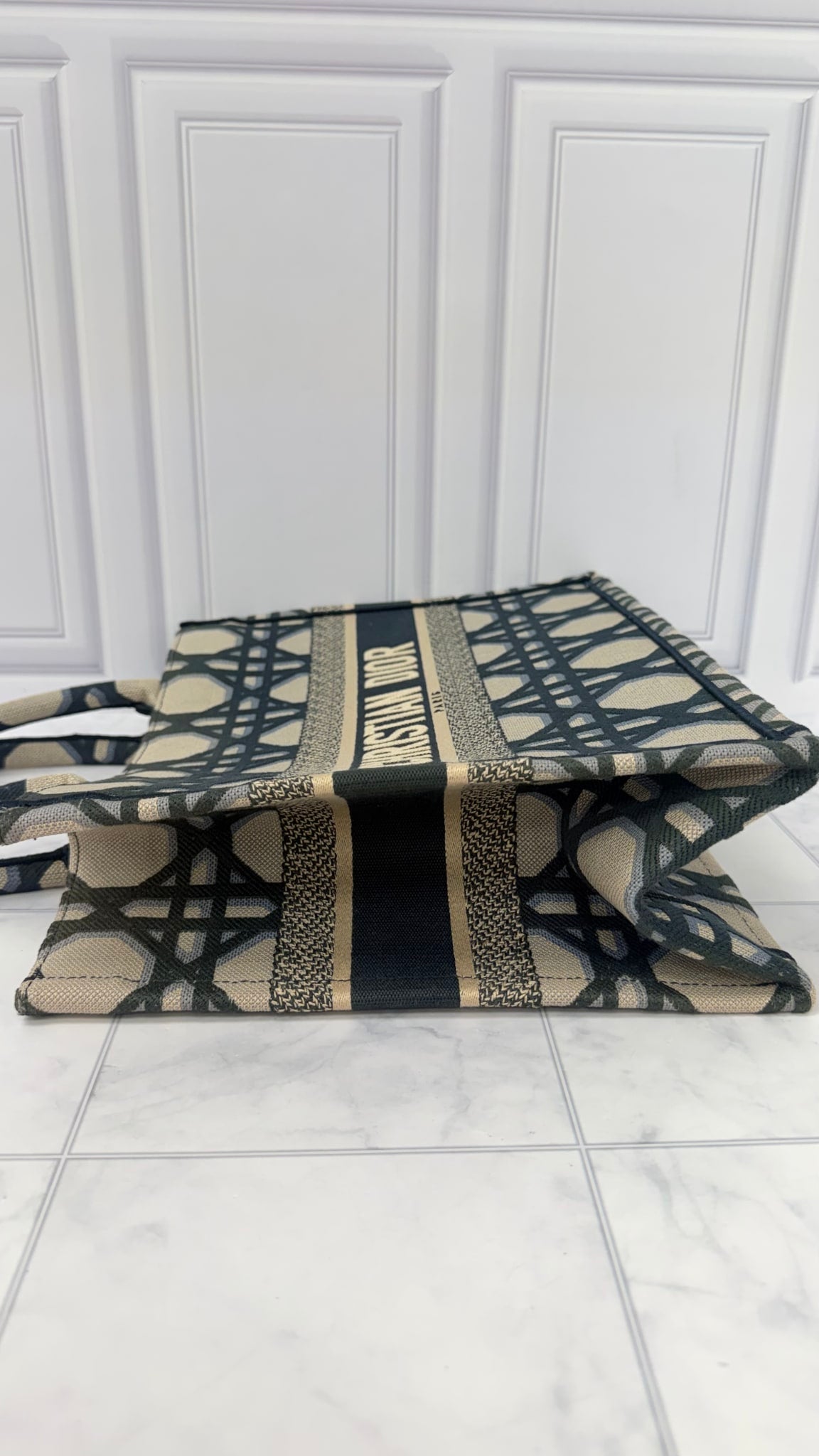 LIKE NEW - Christian Dior Beige And Blue Macrocannage Canvas Medium Book Tote Bag 