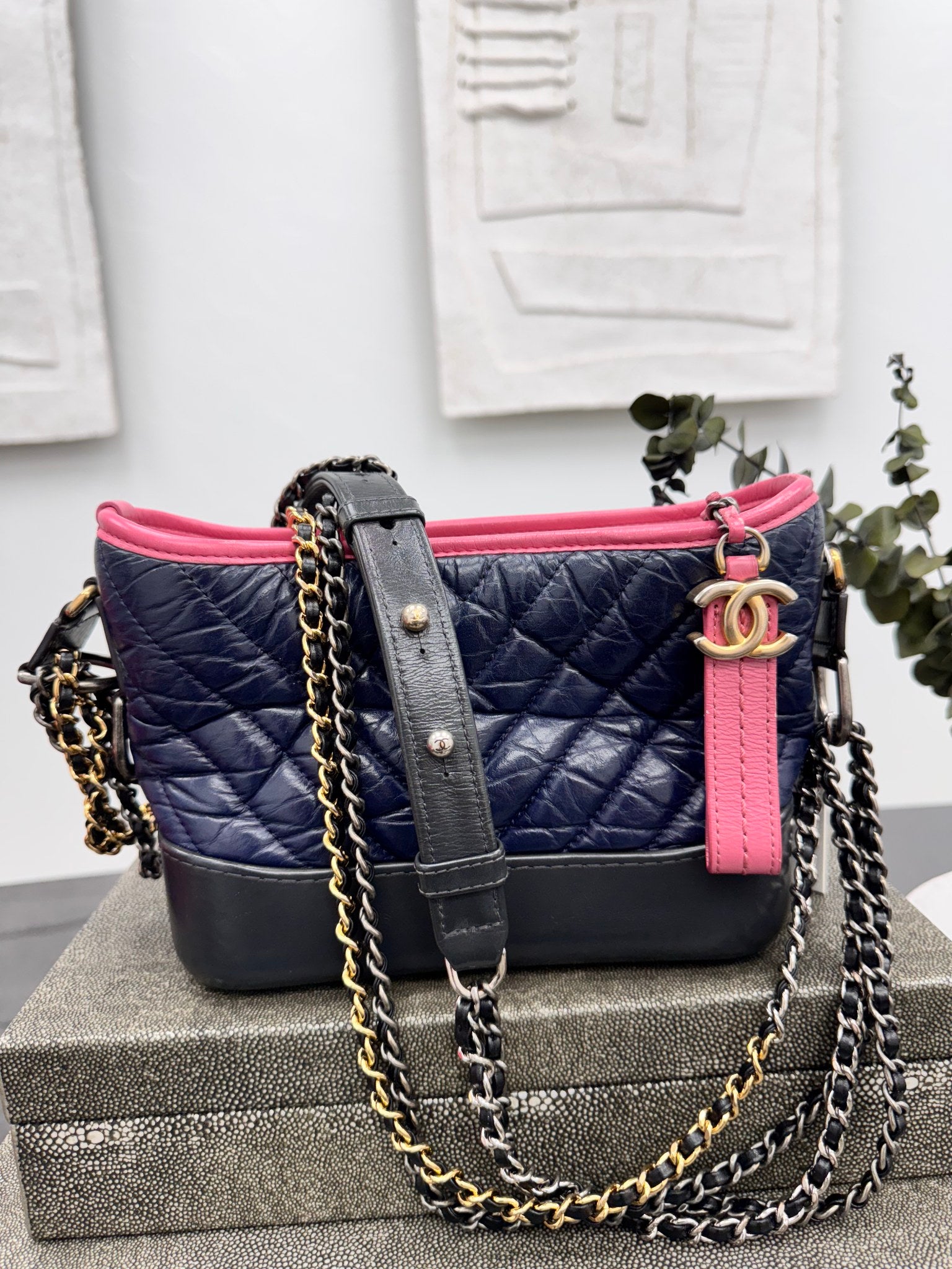 Chanel Navy And Pink Aged Calfskin Gabrielle Small Hobo Bag