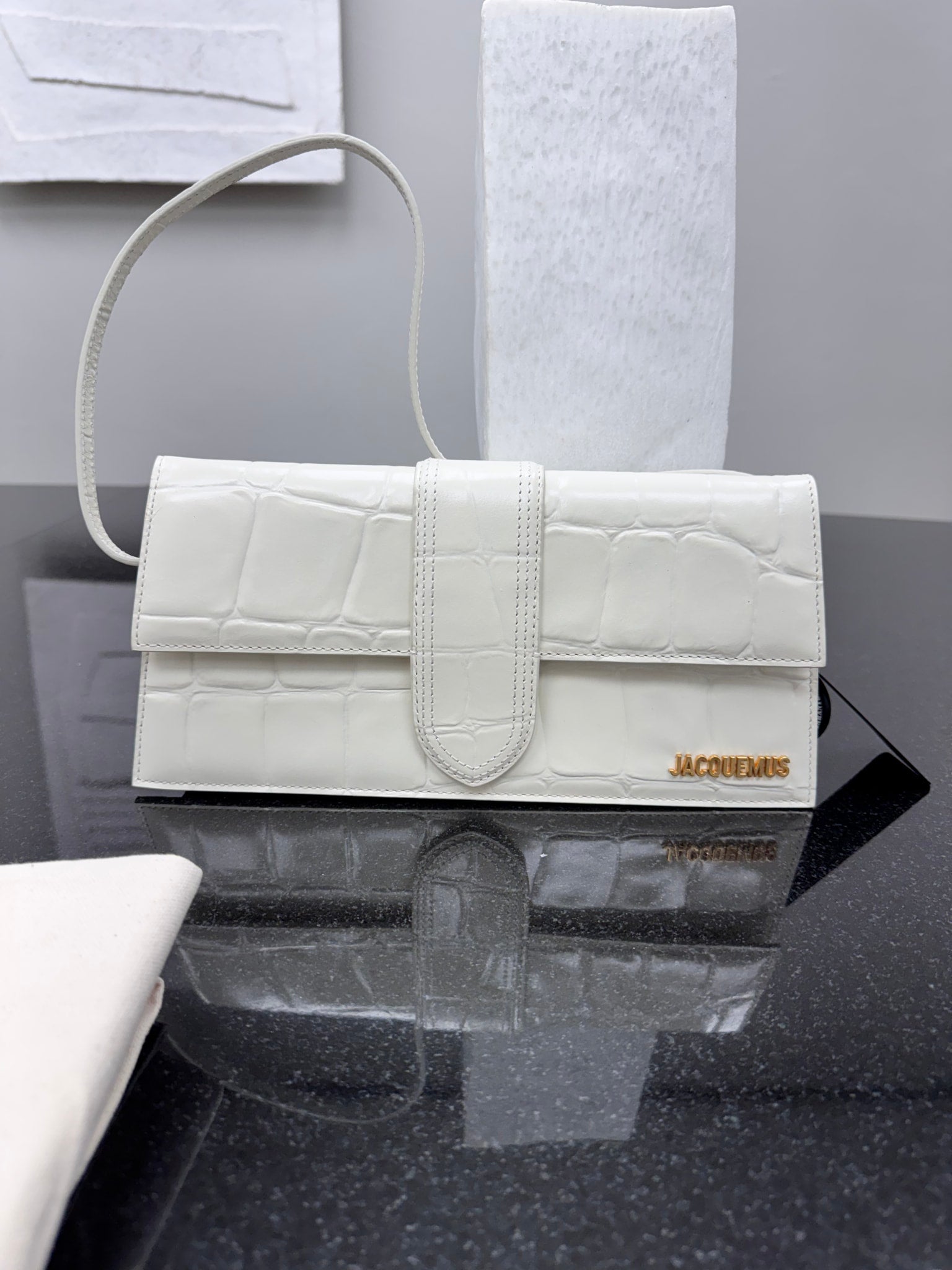 LIKE NEW - Jacquemus White Croc Embossed Leather Le Bambino Long Shoulder Bag