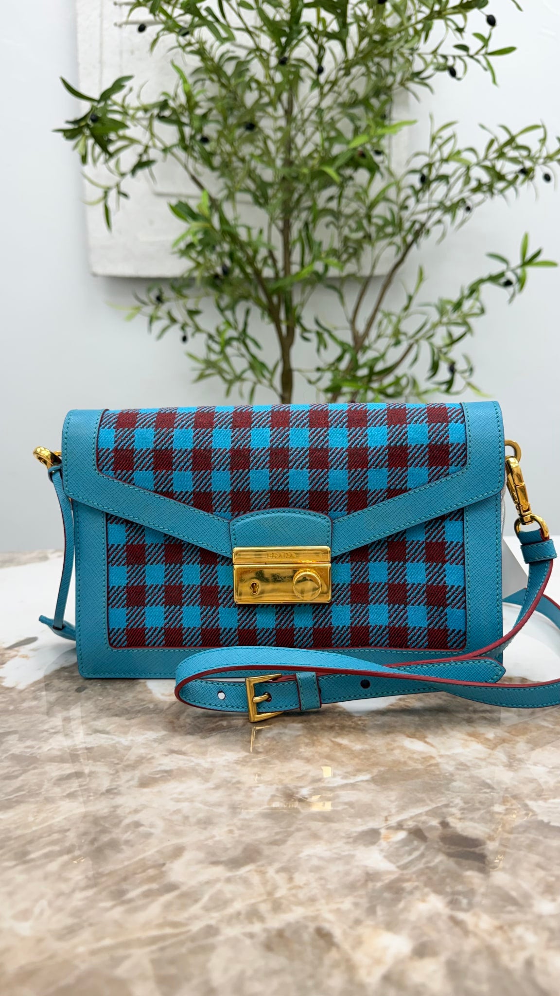 Prada Blue And Burgundy Canvas Leather Checkered Crossbody Bag 