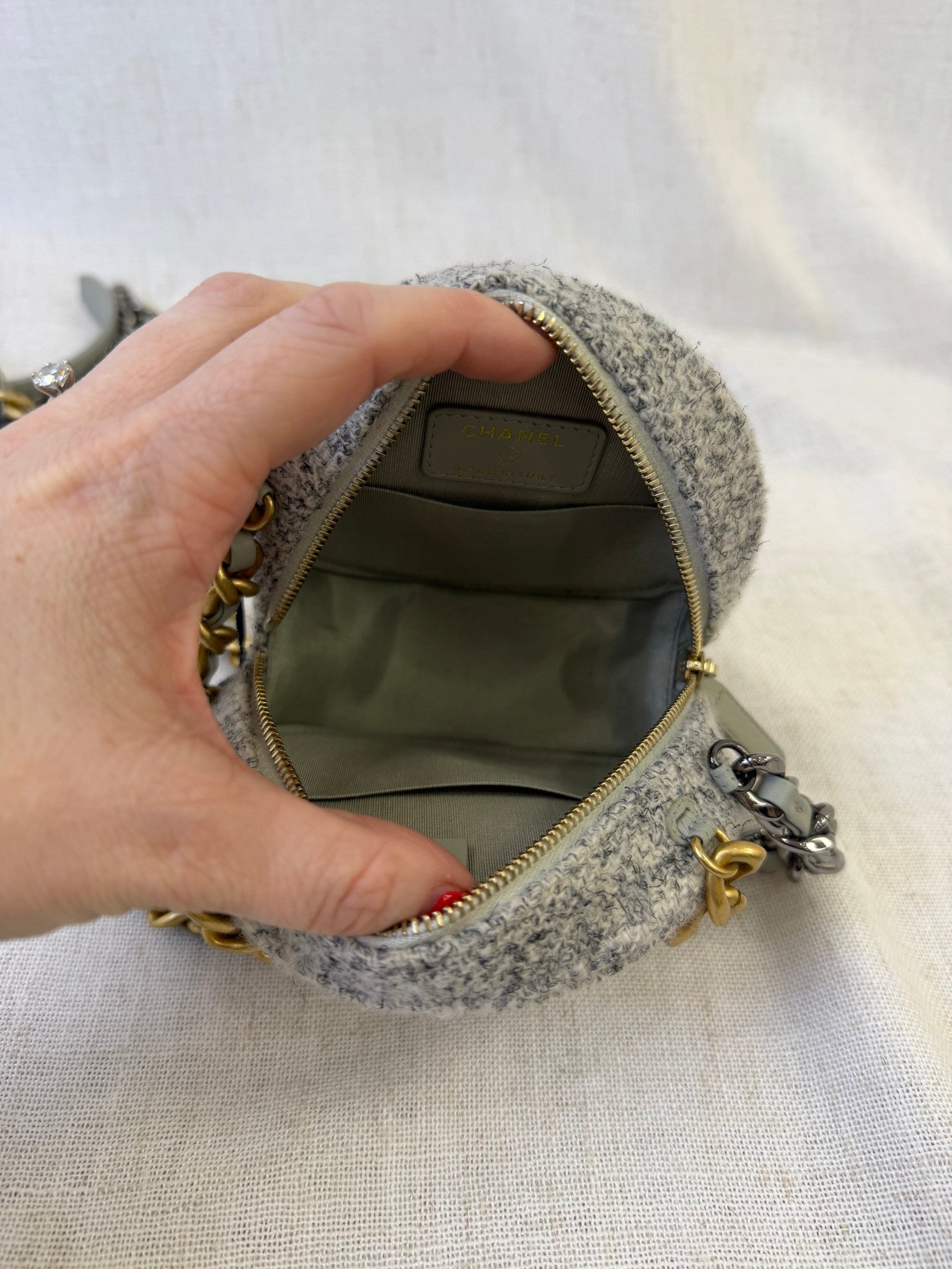 Chanel Gray Tweed 19 Quilted Round Clutch Bag