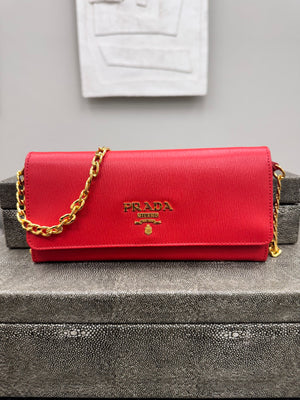 Prada Red Saffiano Leather Wallet On A Chain