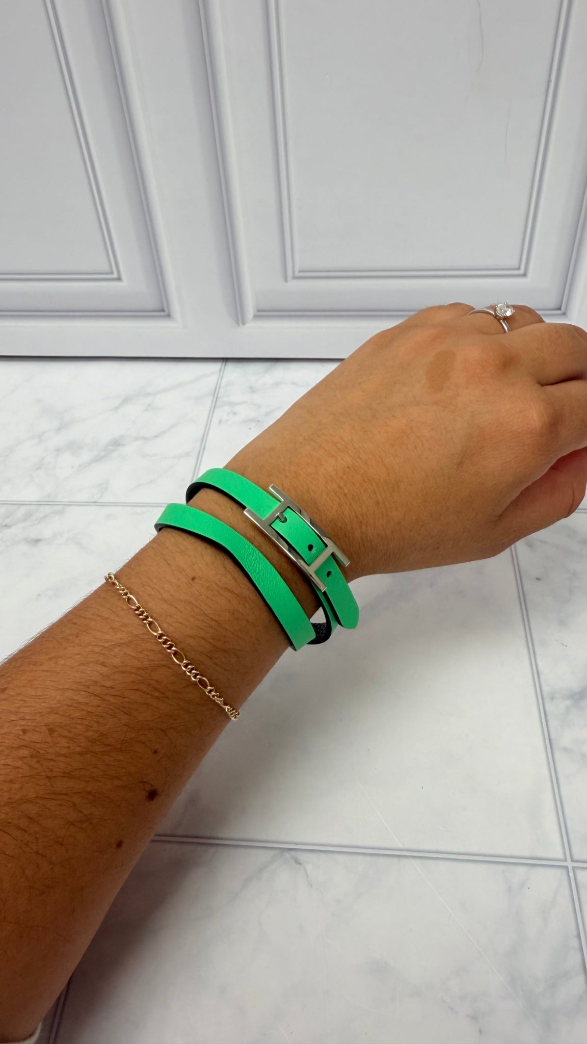 Hermes Green Leather Double Tour Bracelet 