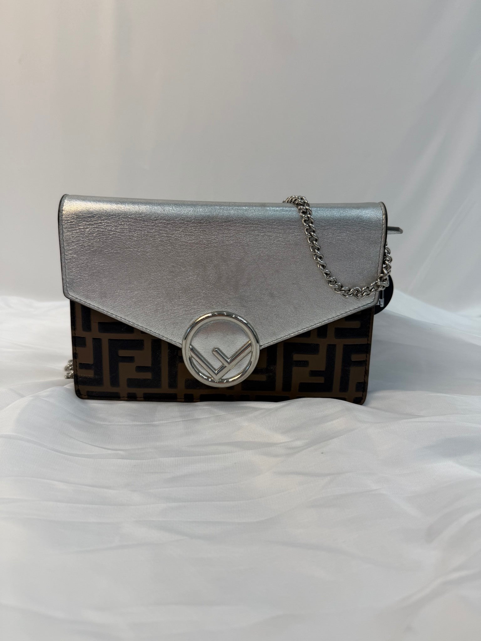 Fendi Brown And Silver Zucca Embossed Wallet On Chain
