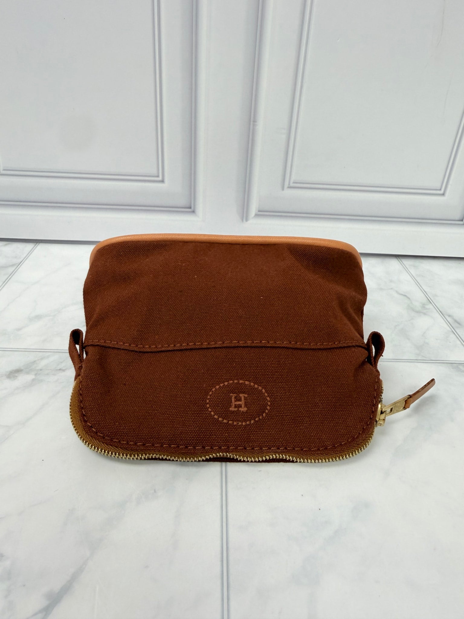 Hermes Brown Canvas Bolide Canvas Pochette Cosmetics Pouch 