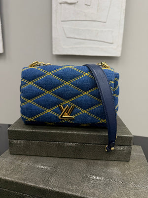 Louis Vuitton Blue Denim Yellow Stitching GO-14 PM Malletage Chain Shoulder Bag