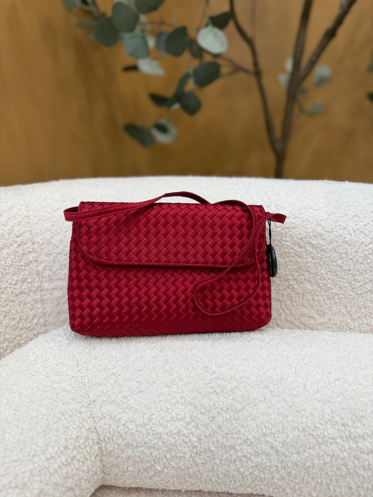 Bottega Veneta Red Satin Intrecciato Shoulder Bag